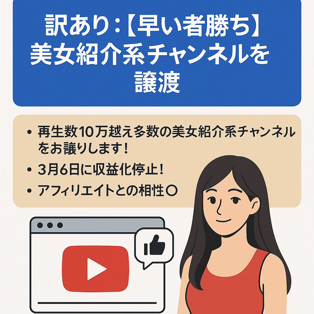 訳あり：【早い者勝ち】登録者２万人越え！将来性◎美女紹介系チャンネル譲渡！アフィリエイトで収益化