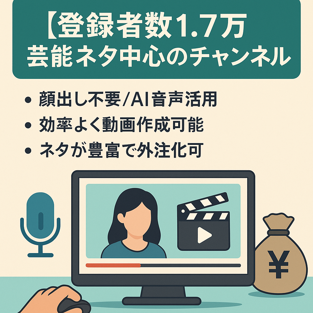 【登録者数1.7万、最高収益16万円、平均収益3.7万円】芸能ネタ中心でネタ切れ心配なし！初心者でも簡単運用！【完全外注可】