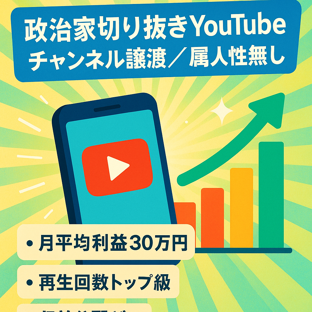 【属人性無しで月利益30万円】某人気政治家YouTubeの切り抜きチャンネル譲渡【収益全て受け取り可能】
