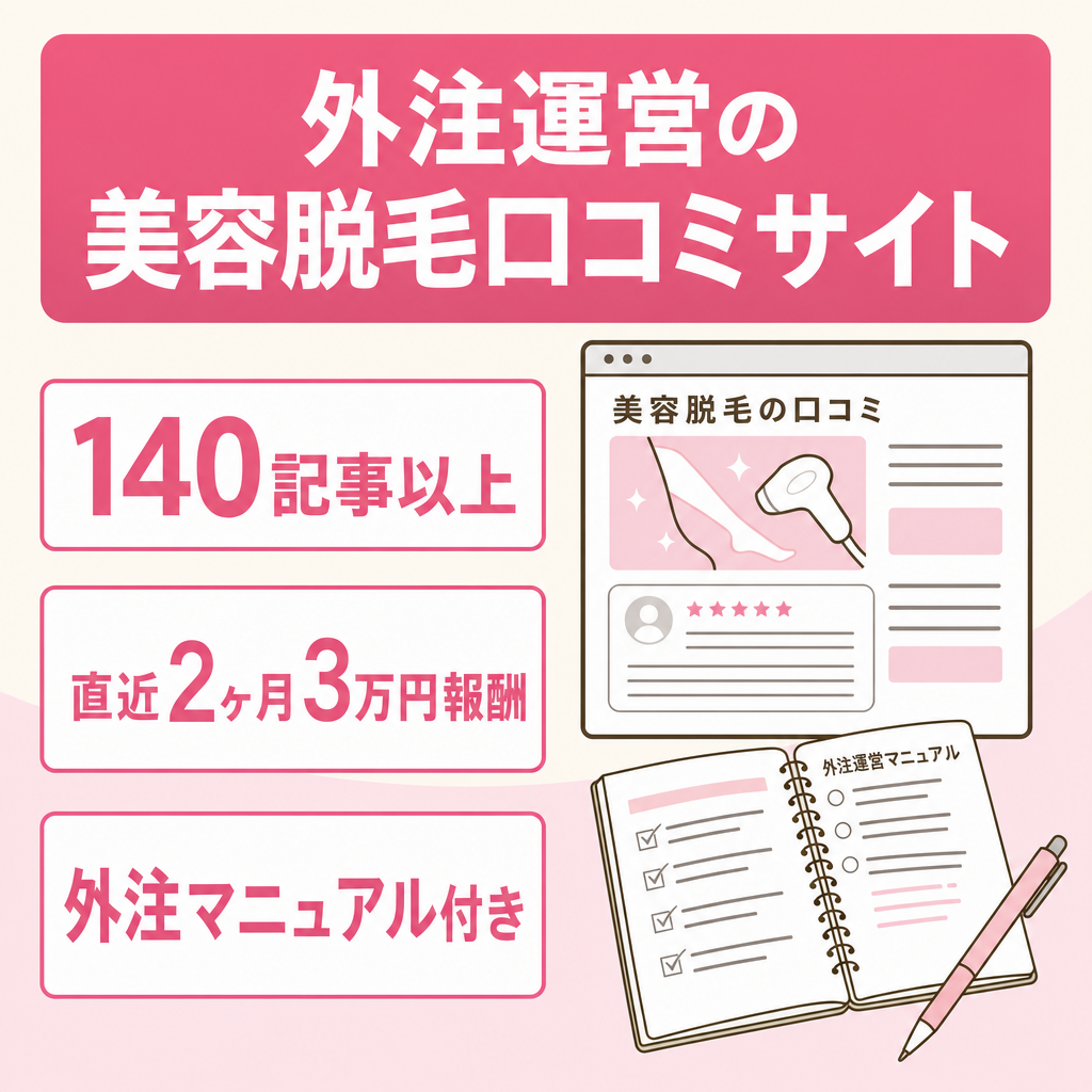 【記事数140以上】直近２ヶ月３万円成果報酬あり！外注で運営の美容脱毛口コミサイト※外注化マニュアル&サポート付き