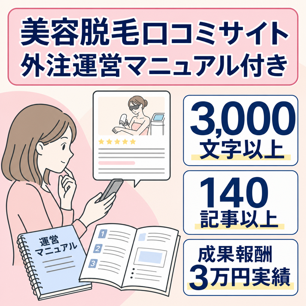 【記事数140以上】３万円成果報酬実績あり！外注で運営の美容脱毛口コミサイト※外注化マニュアル&テンプレ付き