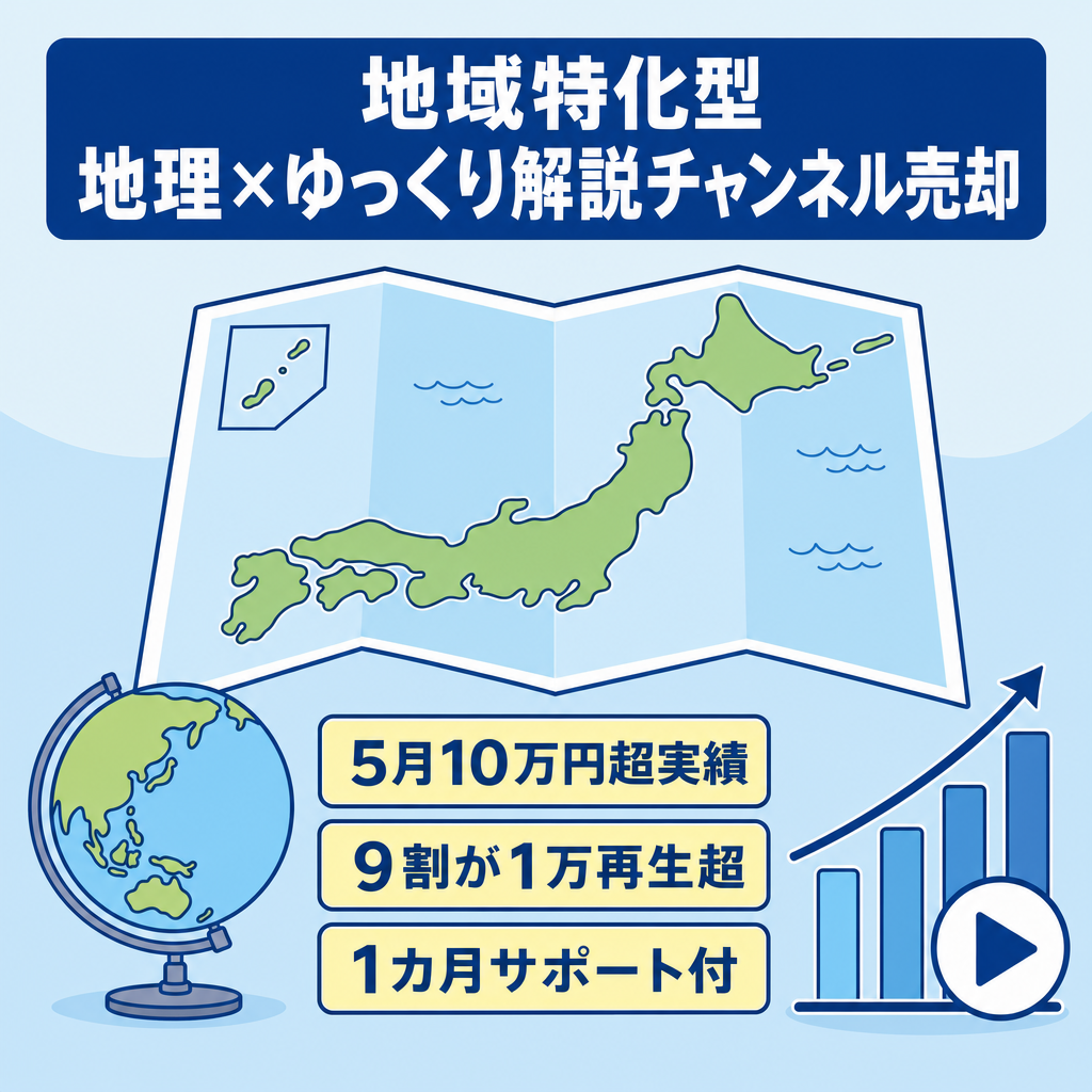 【破格！6月末まで期間限定掲載】5月は2本投稿で月10万円超え達成！地域特化型「地理×ゆっくり解説」チャンネル！1カ月サポート付き