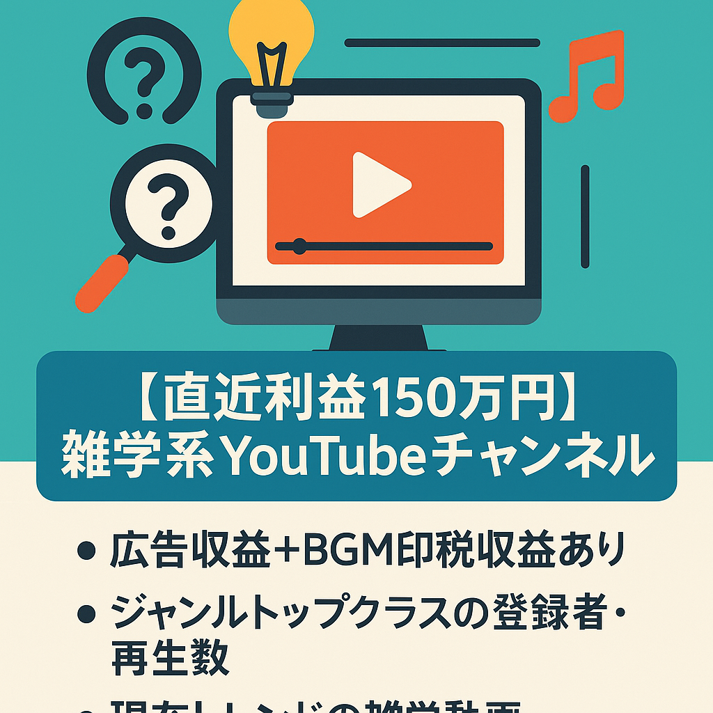 【直近利益150万円】雑学系YouTubeチャンネル【登録者2万人超え・BGM収益あり・属人性なし・訳アリ】