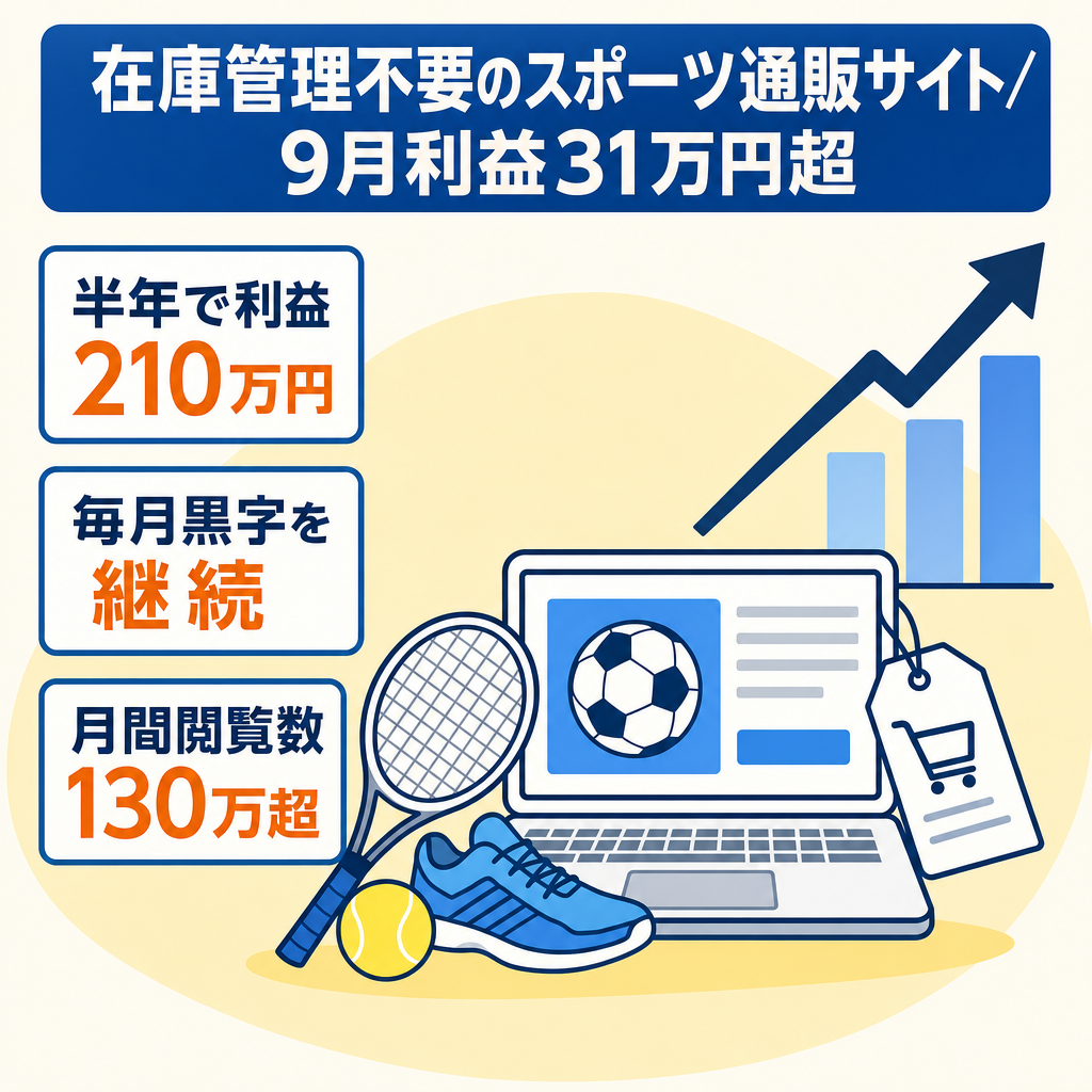 9月現時点の月利31万円越／月刊PV数130万越／在庫管理不要のスポーツEC