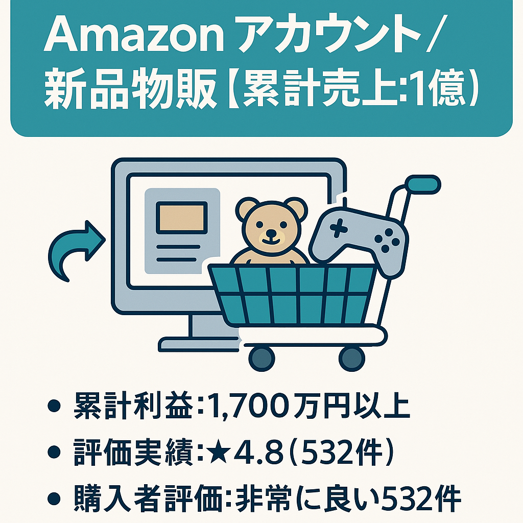 EC事業：【累計売上：1億円／累計利益：1,700万円／評価4.８(532)】Amazonアカウント／新品物販（おもちゃ・ゲームなど）