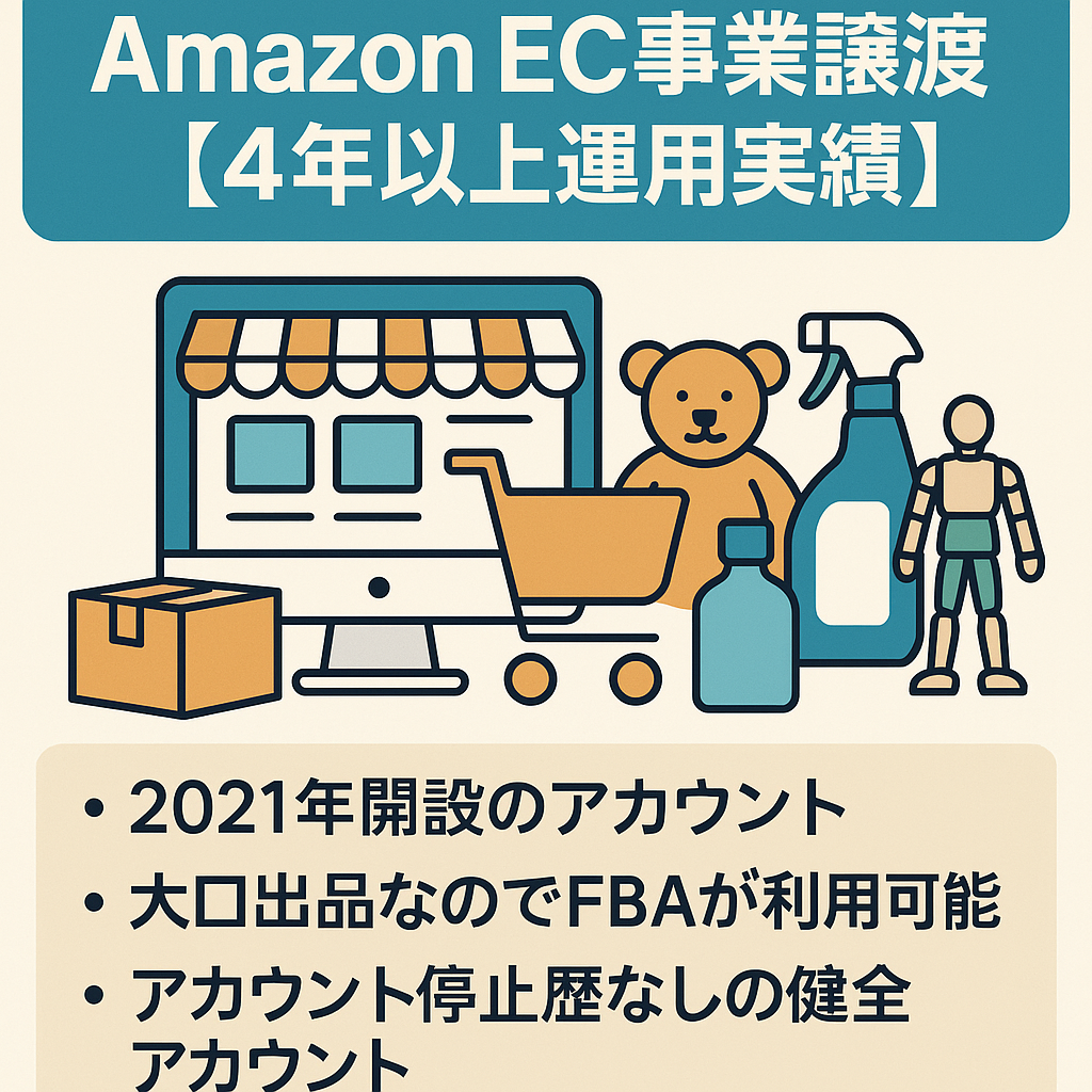 Amazon　EC事業譲渡【４年以上運用実績あり】ジャンル：生活雑貨、おもちゃ、フィギュア、便利グッズ　※独自の仕入れルートあり、１ヶ月サポートいたします。