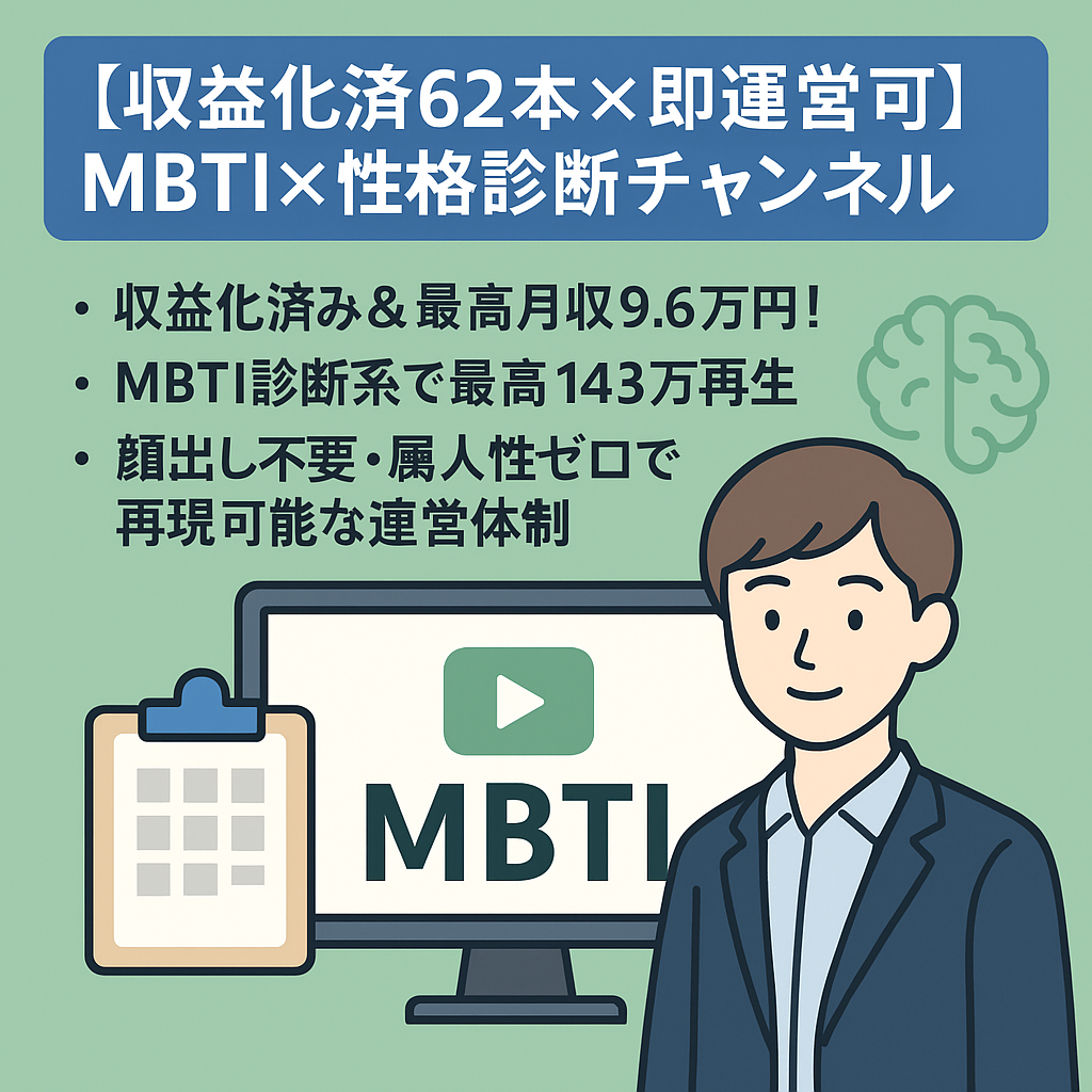 【収益化済62本×即運営可】MBTI×性格診断チャンネル｜最高月収9.6万円