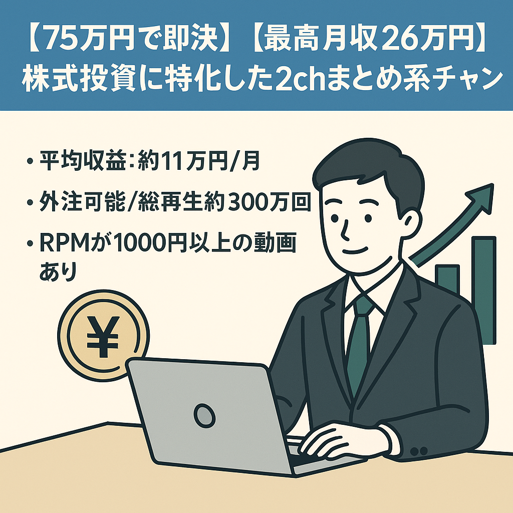【75万円で即決】【最高月収26万円】株式投資に特化した2chまとめ系チャンネル【総収益約125万円/登録者約4,000人】