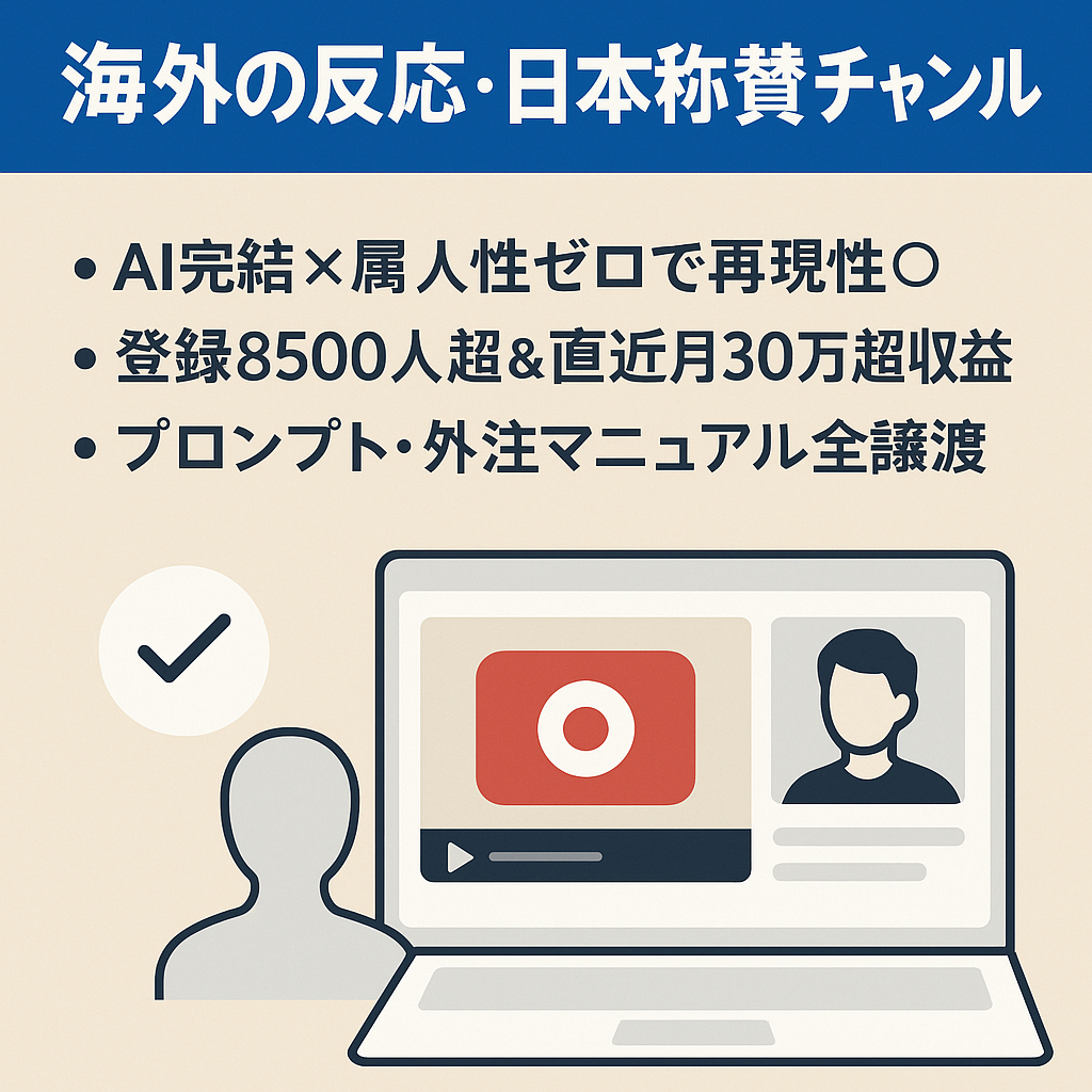【AI完結／属人性ゼロ】海外の反応・日本称賛チャンネル｜登録者8,500人超・月収30万円超｜プロンプト・サムネテンプレ・外注マニュアル＆1ヶ月サポート付｜価格交渉歓迎