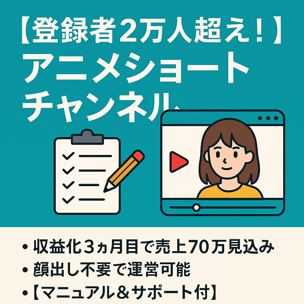 【3ヶ月で121万円｜登録者2万人超え！】格安外注費で高収益性・アニメショートチャンネル｜外注スタッフ・詳細動画マニュアル＆サポート付【顔出し不要で副業にも人気！】