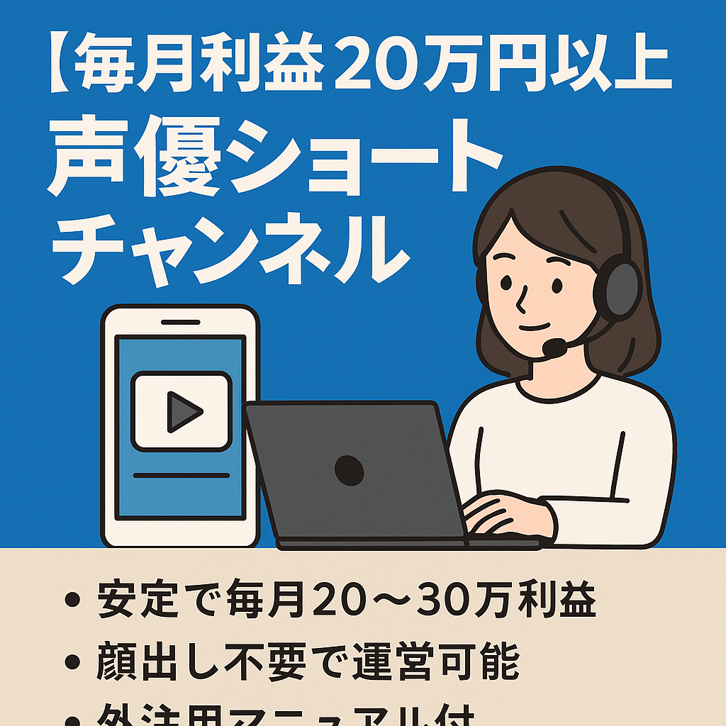 【毎月利益20万円以上｜登録者5万人間近！】格安外注費で高収益性・声優ショートチャンネル｜外注スタッフ・マニュアル＆サポート付【顔出し不要で副業にも人気！】