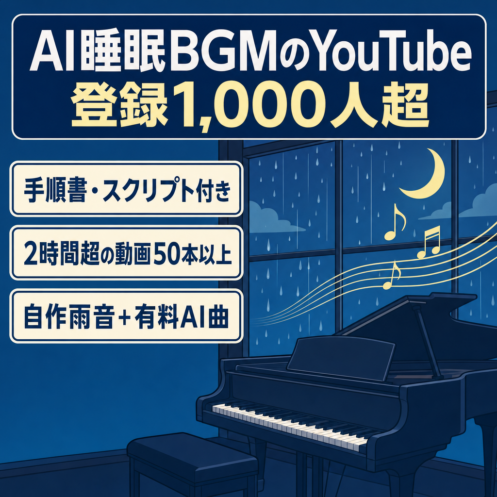 【AI×睡眠BGM】英語圏向け雨＋ピアノ長尺BGM｜登録1,000人超・動画50本以上・制作マニュアル＆スクリプト付き