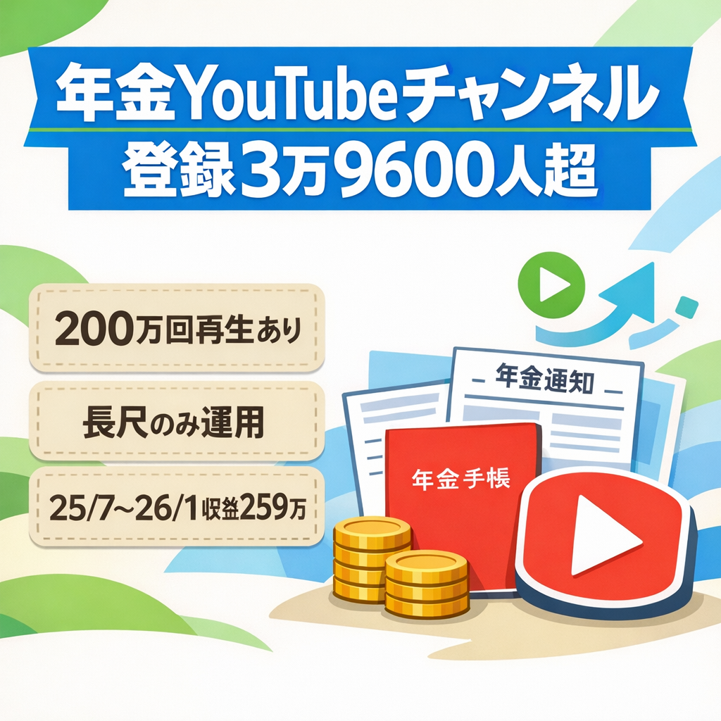【YouTube登録者3万9600人超】年金チャンネル　200万回再生以上、 100万回再生以上の動画あり  2025年7月から2026年1月末までのトータル収益、約259万円