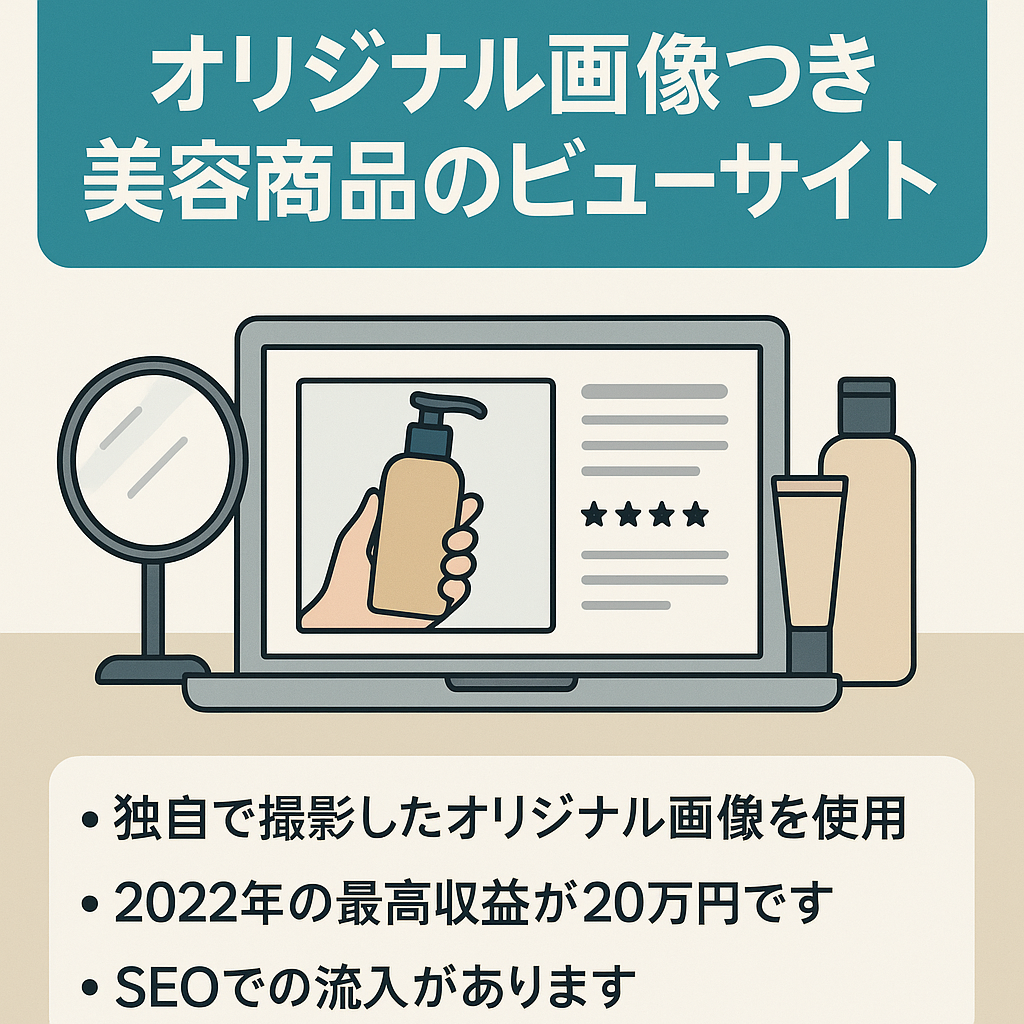 オリジナル画像つき美容商品のレビューサイト！5000文字超え記事多数！SEO上位表示あり、アドセンス合格済み