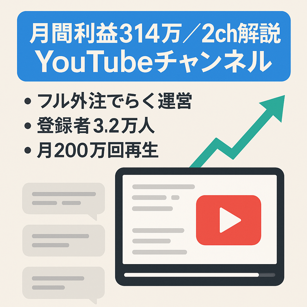 【月間利益314万】2ch解説系Youtubeチャンネル譲渡【フル外注可能/属人性なし】
