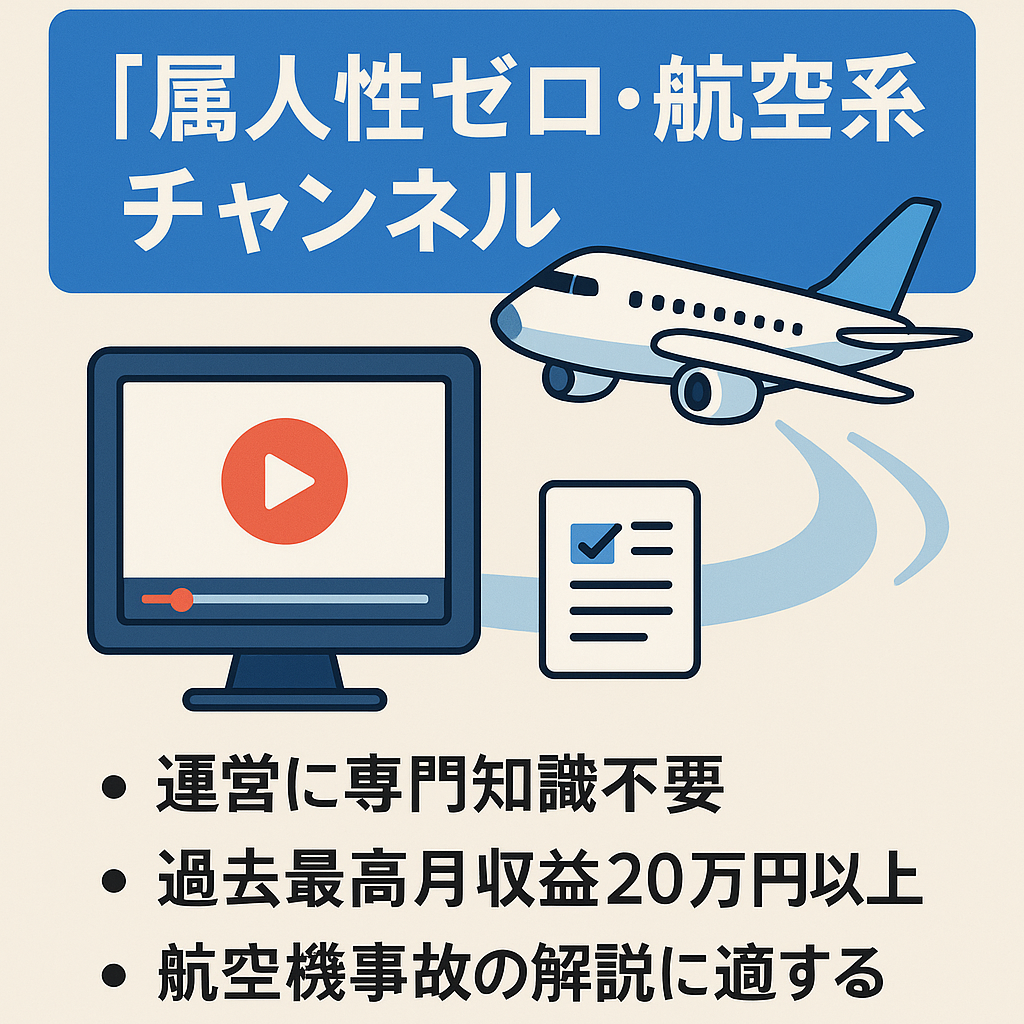 【属人性ゼロ・登録者1.9万人】航空系チャンネル｜投稿なしでも月2万安定｜最高収益20万円超＆マニュアル付属