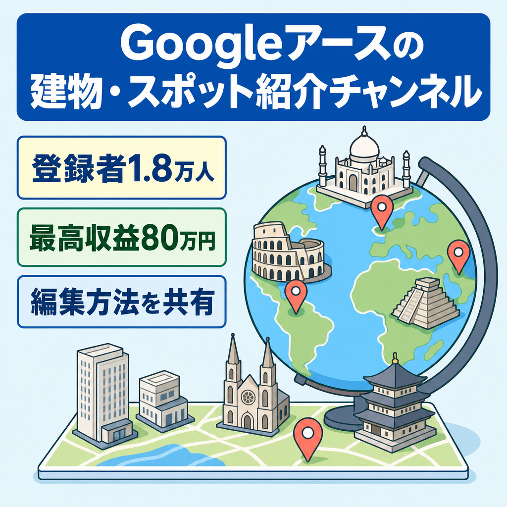 【最高収益80万円】Googleアースで建物やスポットを紹介するチャンネルです。