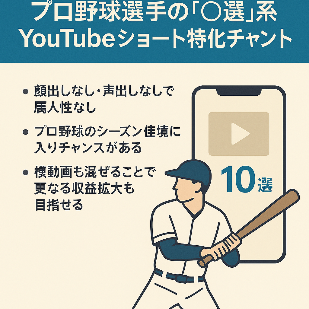 【最高収益48万円/登録者2万人以上/属人性なし】プロ野球選手にまつわる「〇選」系YouTubeショート特化チャンネル