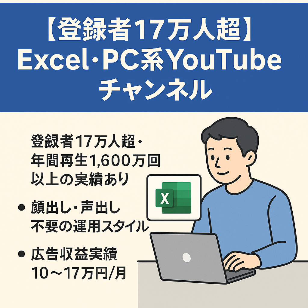 【登録者17万人超】Excel・PC系YouTubeチャンネル／広告収益実績あり・顔出し不要で運用可