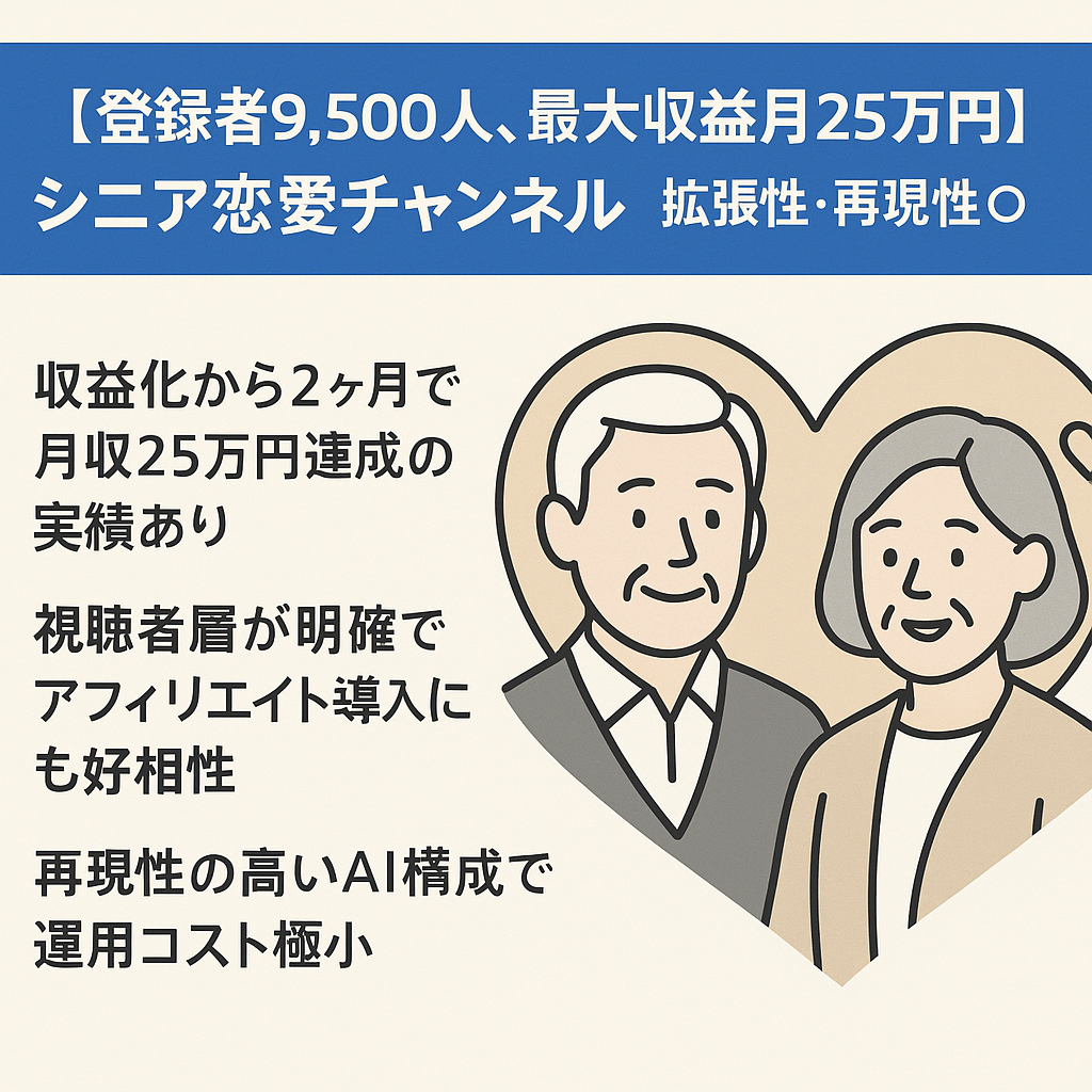 【登録者9,500人、最大収益月25万円】シニア恋愛チャンネル｜拡張性・再現性◎・AI活用　価格交渉可