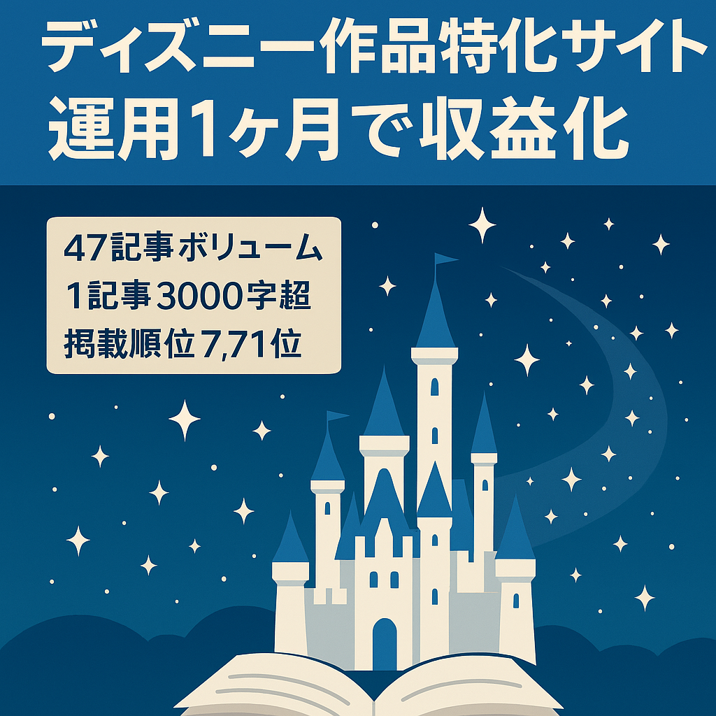 【人気のディズニー作品特化サイト】運用1ヶ月で収益化し平均掲載順位7.71位(2026.1)