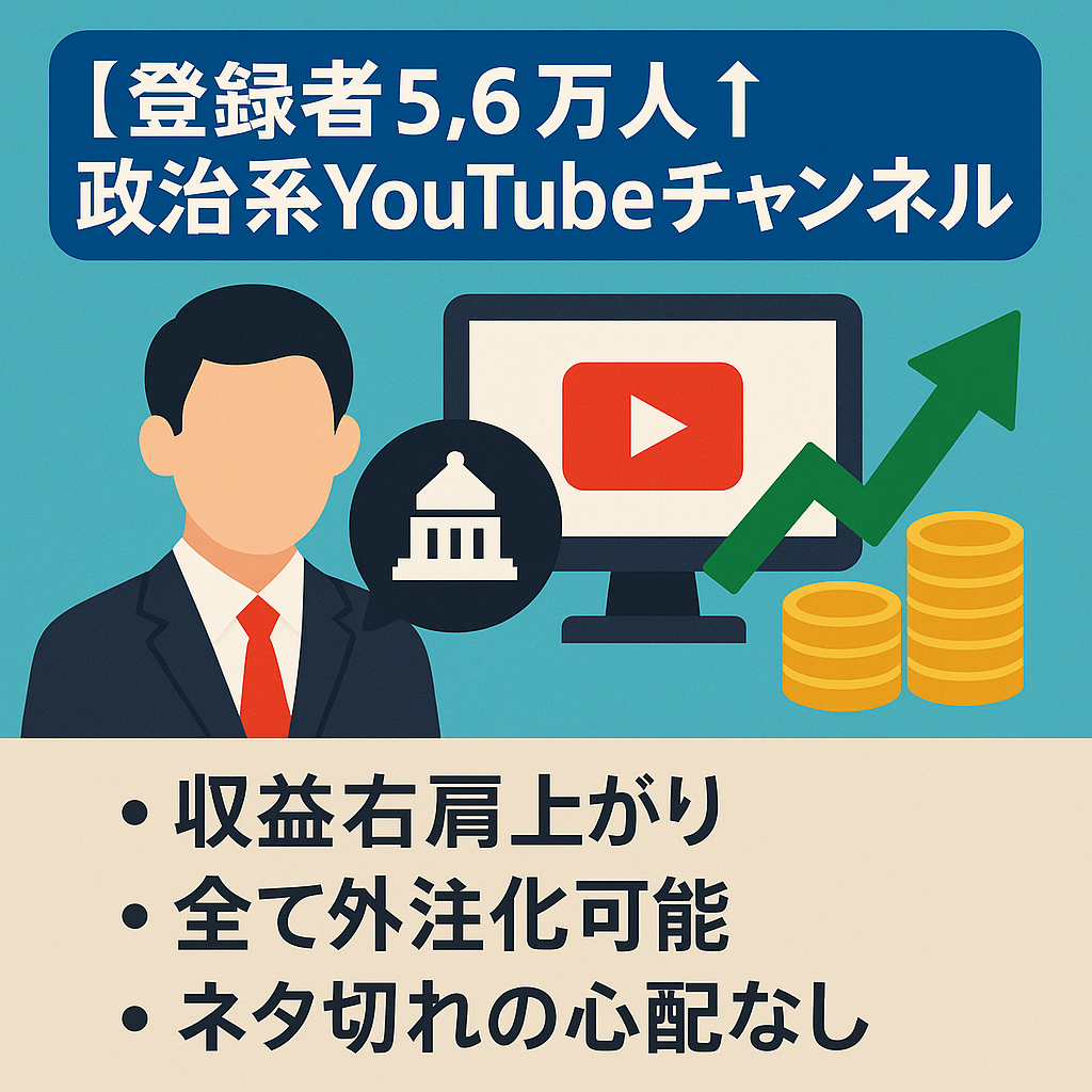 【登録者5.6万人↑総再生数1000万回↑直近利益132万円↑】非属人/顔・声出し撮影は一切不要/フル外注化可能/切り抜きYouTubeチャンネル(政治系)/ネタ切れのリスクなし