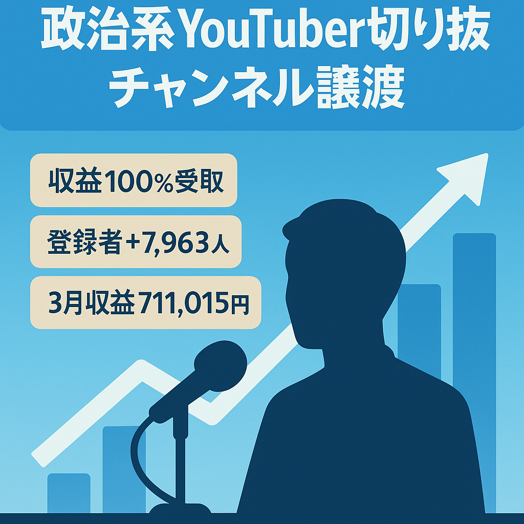 【最終値下げ】業界トップ政治系YouTuberの切り抜きチャンネル【収益分配なし 急成長中 簡単運営】