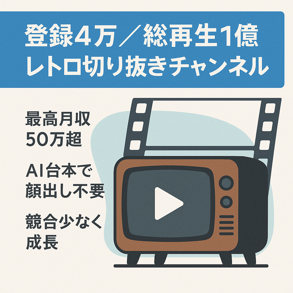切り抜き：【最高月収50万越え/登録者40,000人超/総再生回数約1億再生】顔出し不要、属人性なし、AIでリサーチから台本作成まで可能なレトロ系チャンネル！