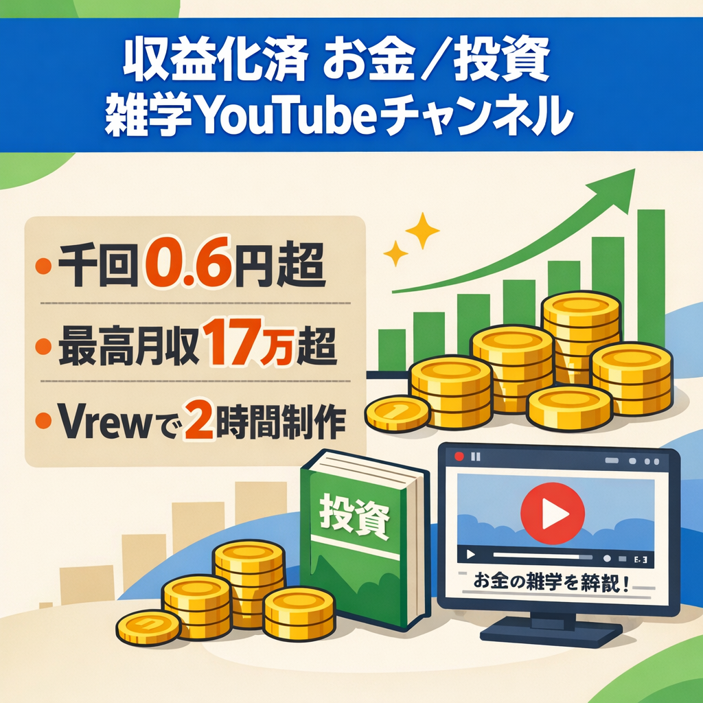 【収益化済・RPM0.6円超】お金/投資の雑学系YouTubeチャンネル（過去最高月収17万円超の実績あり）