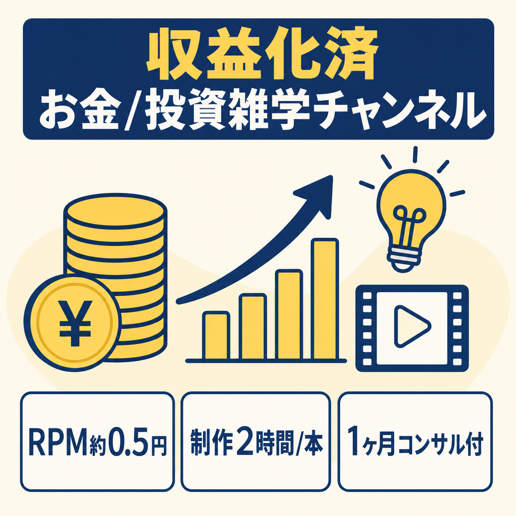 【収益化済・RPM約0.5円】お金/投資の雑学系YouTubeチャンネル（過去最高月収17万円超の実績あり）