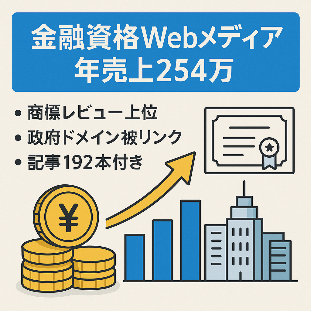 【中小企業庁ドメイン】直近1年で売上254万円！金融・ビジネス・資格のWebメディア：192記事【政府ドメインからの被リンク多数】
