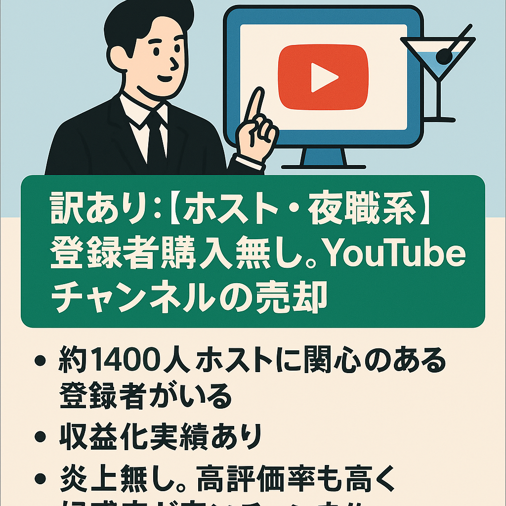 訳あり：【ホスト・夜職系】登録者購入無し。YouTubeチャンネルの売却