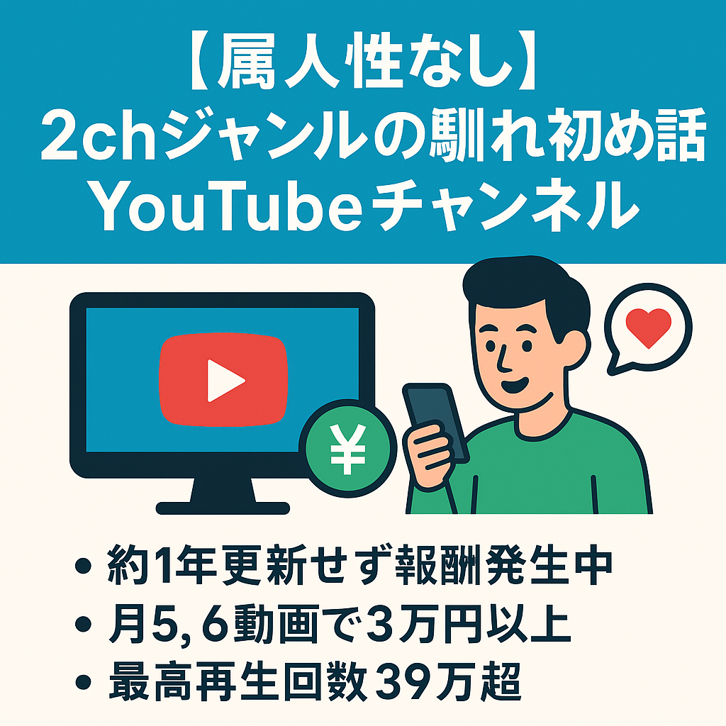 【属人性なし・登録者４１３０人以上・収益化済み】2chジャンルの馴れ初め話のYouTubeチャンネル