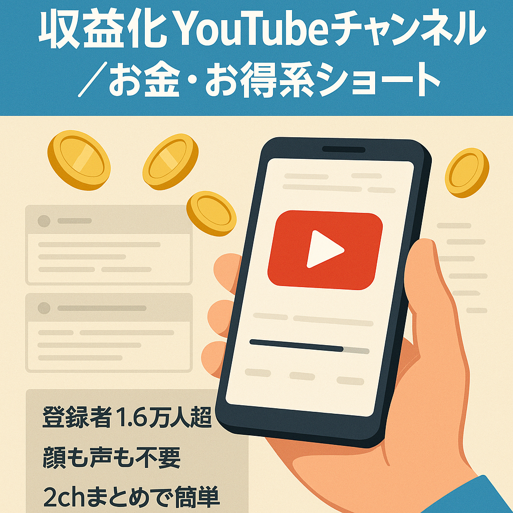【収益化済！YouTubeチャンネル登録者数1.6万人超】：ショート動画メインで属人性・顔出し不要！お金・お得情報