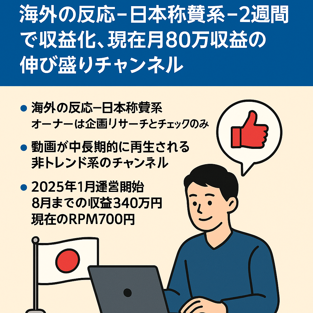 【登録者2万人超】海外の反応‐日本称賛系‐2週間で収益化、現在月80万収益の伸び盛りチャンネル！