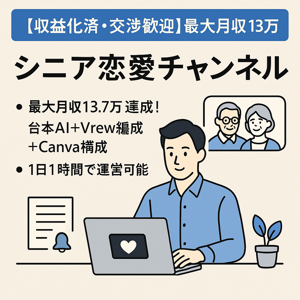 【収益化済・交渉歓迎】最大月収13万円／１日１時間でOK／属人性ゼロ・AI×Vrew構成／シニア恋愛チャンネル（動画52本））※値下げ交渉歓迎