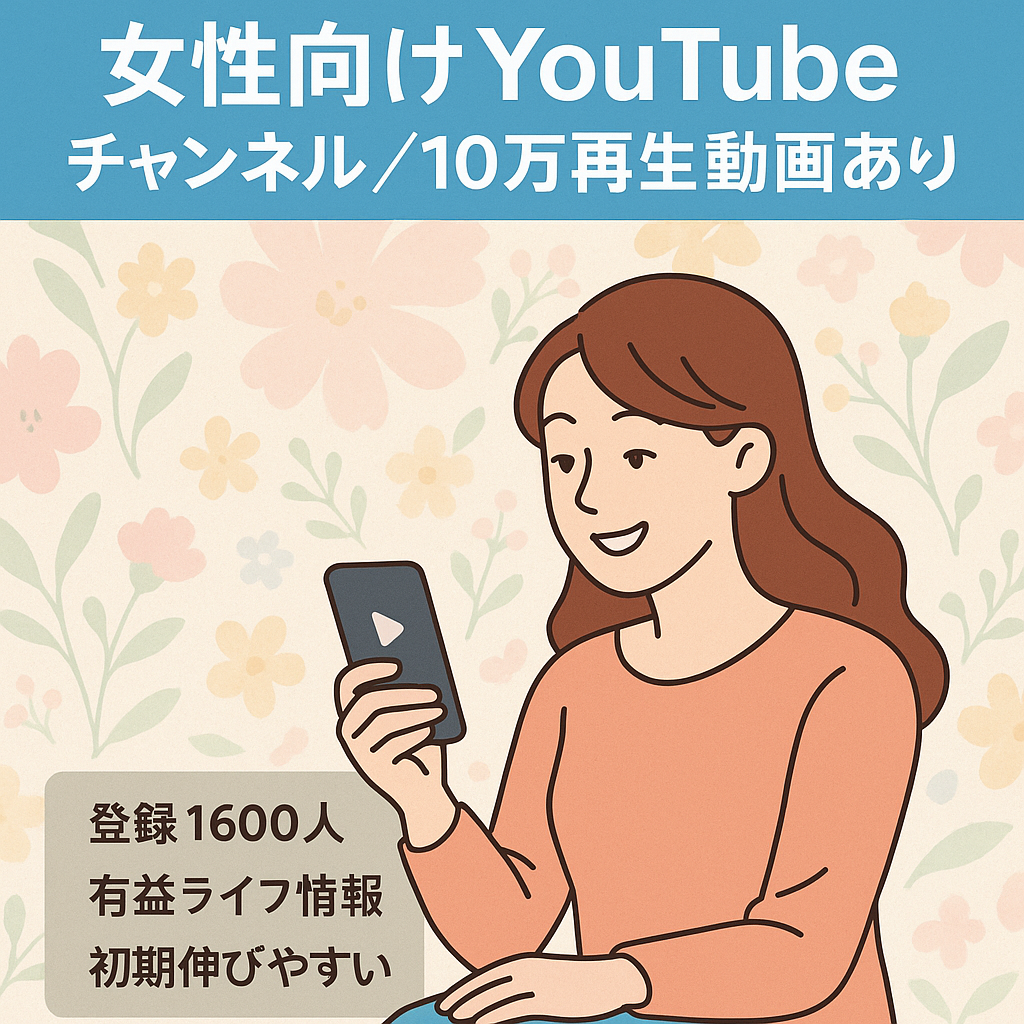 女性向けYouTubeチャンネルです。５月立ち上げ。視聴10万オーバー動画あり。早い者勝ち！新規チャンネル開設準備のためお譲りいたします！