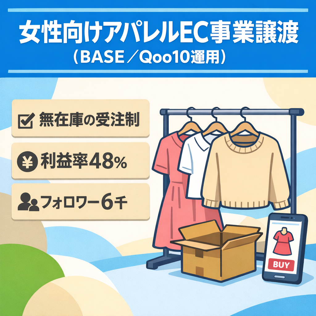 【無在庫・利益率48%・フォロワー6千】女性向けアパレルセレクトショップEC事業譲渡（BASE・Qoo10運用）
