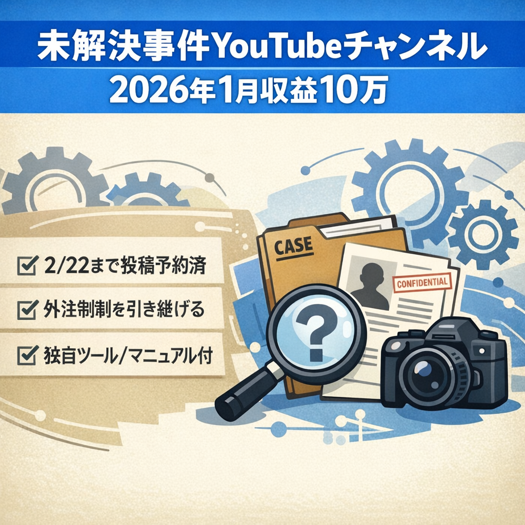 【2026年1月収益 10万、2/22まで動画準備済】未解決事件特化型YouTubeチャンネル。外注体制＆各種マニュアル完備