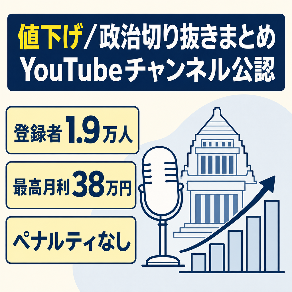 値下げ【登録者19,000人 最高月利38万円】非属人/外注化可能/政治切り抜きまとめYouTubeチャンネル・公認取得済み