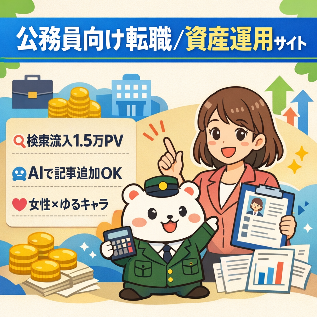 【1.5万PV】女性×ゆるキャラが語る転職・資産運用サイト！特に公務員に強い！検索流入に強い記事あり、AIプロンプトで記事追加もOK！