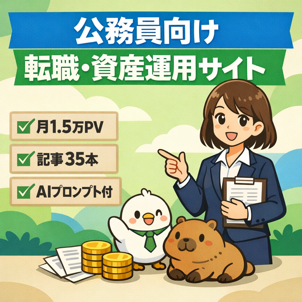 【1.5万PV】女性×ゆるキャラが語る転職・資産運用サイト！特に公務員に強い！検索流入に強い記事あり、AIプロンプトで記事追加もOK！