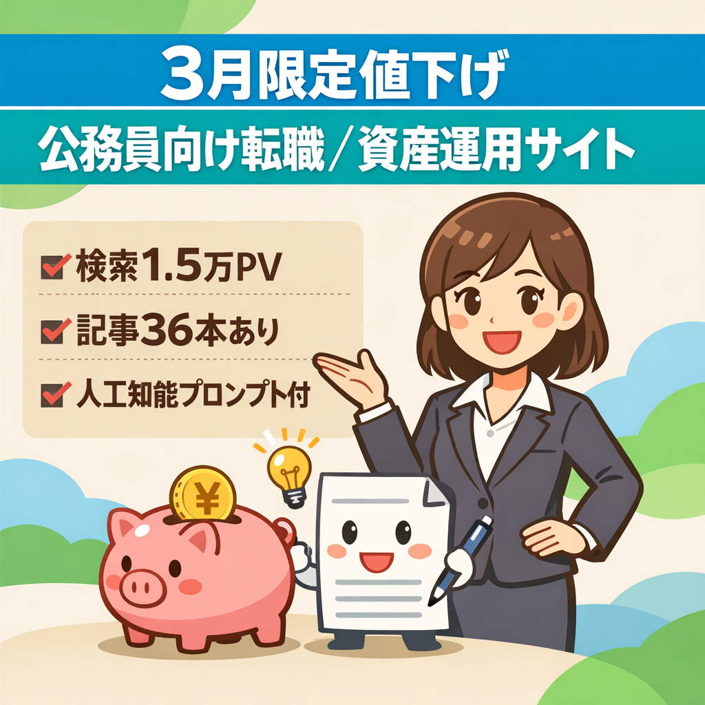 ＜3月限定＞値下げ！検索流入15,000PVの「ハイクラス転職・資産運用」「公務員のマネー情報」サイト！記事生成用のAIプロンプト付き！