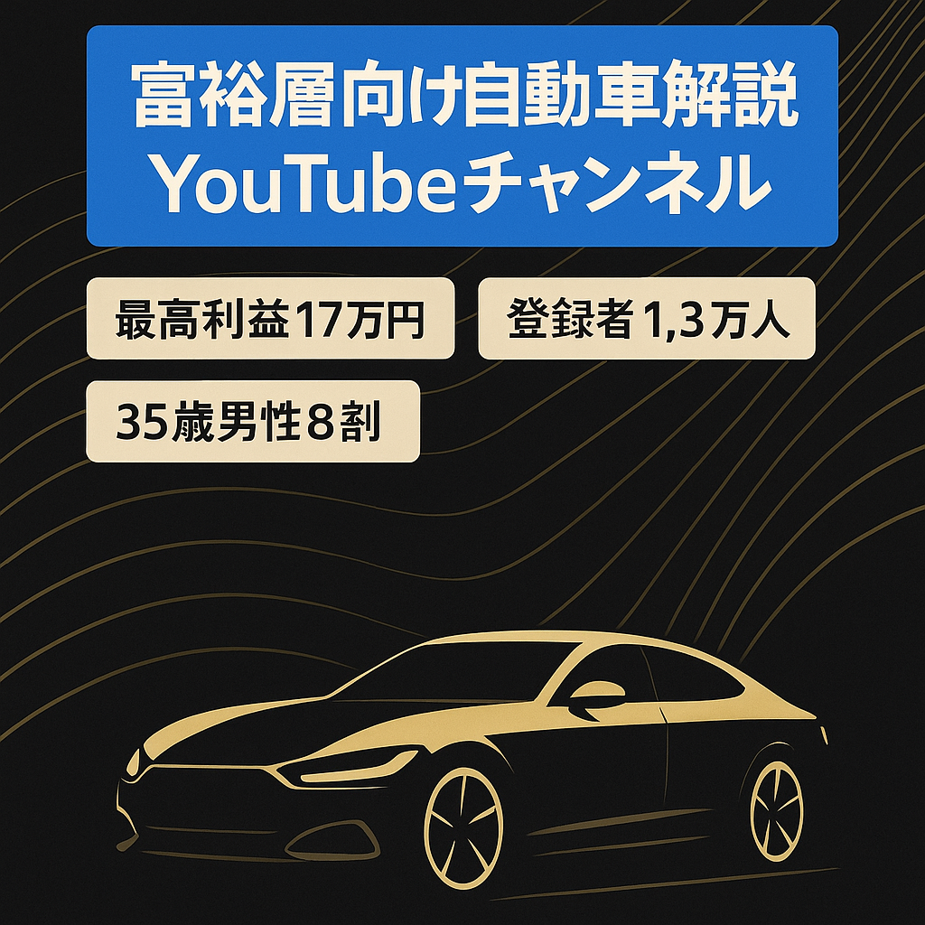 【最高利益17万円/CH登録者1.3万人】富裕層向けの自動車解説CH。人工音声を用いた解説も可能。最高43万再生超え。【属人性無】