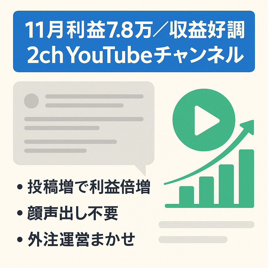 【11月利益7.8万】収益右肩あがり・外注化２ch系Youtubeチャンネル
