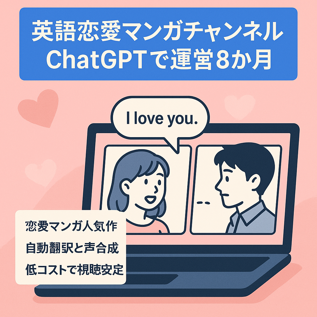 英語版恋愛マンガチャンネル　８か月前に開設。ChatGPTを使うことでコスト大幅削減可能