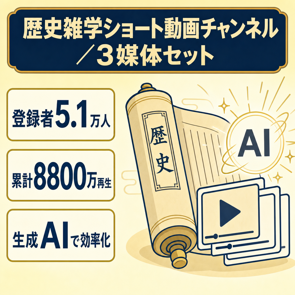 【最高月収53万円／総再生8820万回】歴史雑学ショート動画／登録者5.1万人＋2媒体セット（インスタ•TikTok）／生成AI活用で作業効率化／プロンプト＆引き継ぎマニュアル付