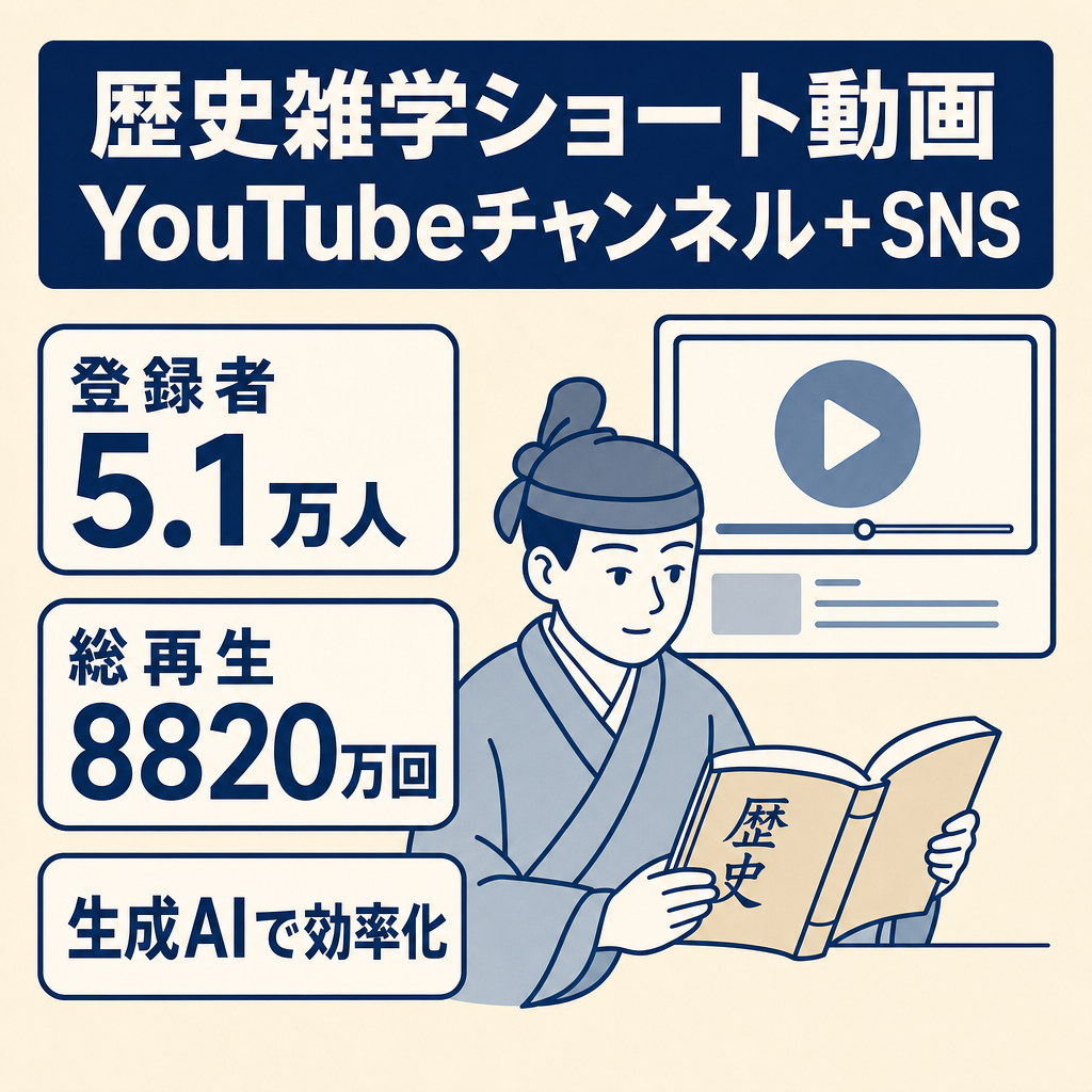 【最高月収53万・総再生8820万回】歴史雑学ショート動画／YouTube（5.1万人）＋インスタ＆TikTokセット／生成AI活用で作業効率化／プロンプト＆引継ぎマニュアル付