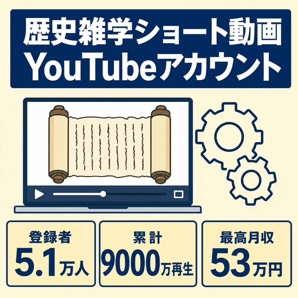 【最高月収53万・総再生9000万回】歴史雑学ショート動画／YouTube（5.1万人）＋インスタ＆TikTokセット／生成AI活用で作業効率化／プロンプト＆引継ぎマニュアル付
