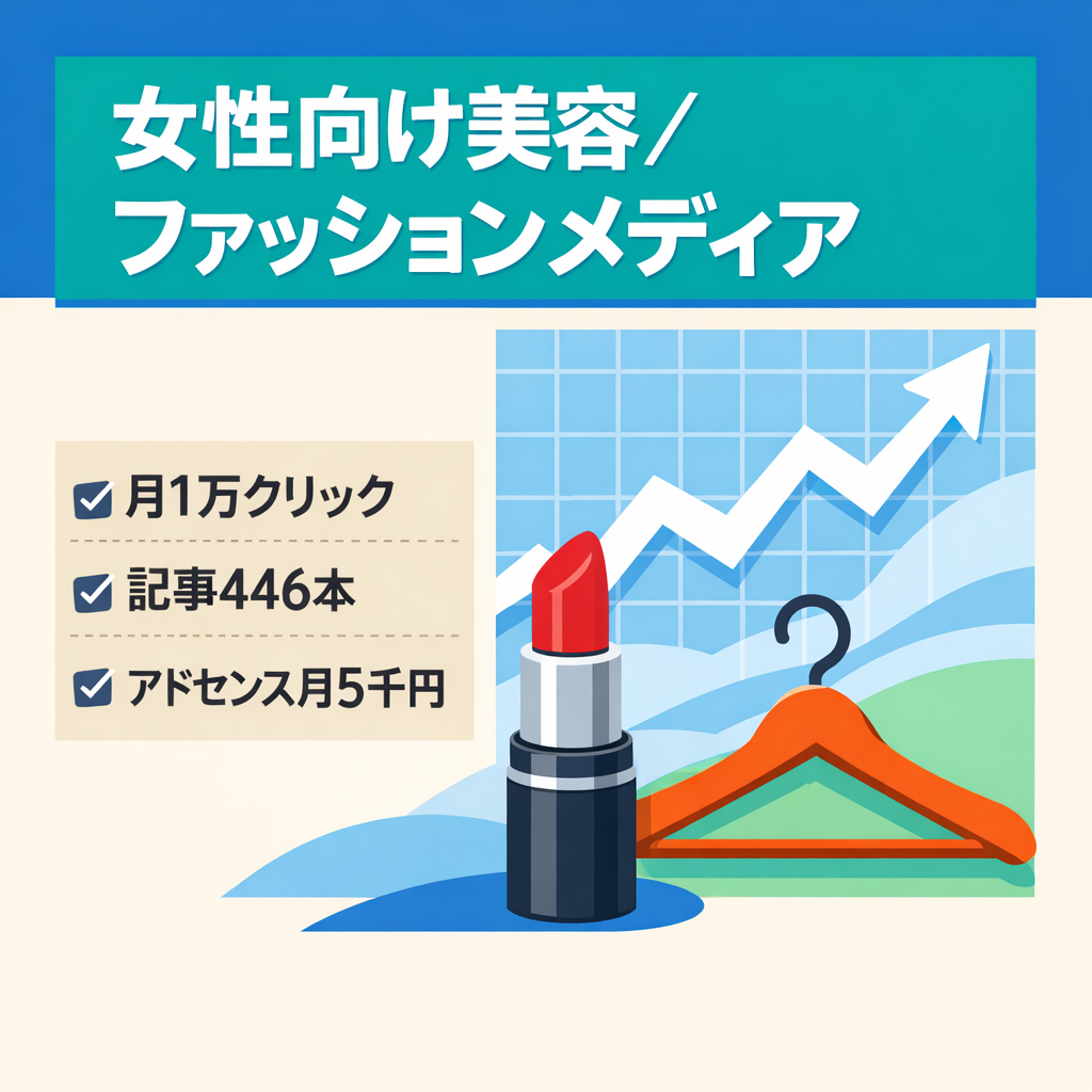 【美容・ファッション】女性向けメディア｜月1万クリック（直近3ヶ月平均）｜アドセンス月5,000円｜SEO流入あり